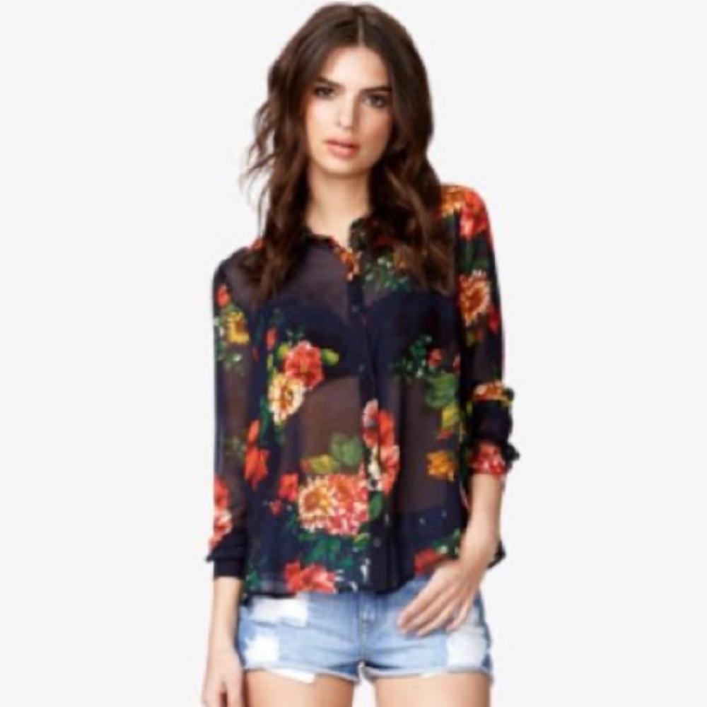 Sheer Navy Floral Blouse with Pyramid Metal Studs